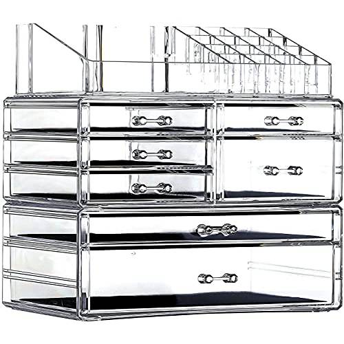 Cq acrylic Clear Makeup Storage Organizer Drawers Skin Care X Large Cosmetic Display Cases Stackable Storage Box With 7 Drawers For Dresser,Set of 3