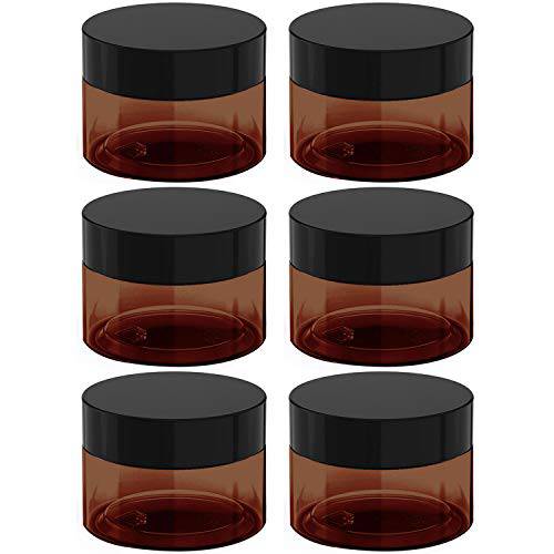 4 oz Amber Plastic Cosmetic Jars Leak Proof Container with Black Lid for Cream, Lotion, Powder, ointment, Beauty Products etc, 6 Pcs.