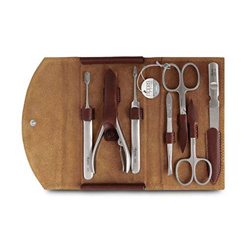 Nippes Solingen Manicure Set, 7-Piece, Stainless Steel, Nickel-Free, Genuine Brown Cowhide Leather Case