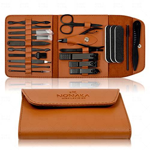 NONAKA Manicure Set Professional Pedicure Kit - 19 In 1 Nail Clipper Kit For Women & Mens Nail Grooming Kit - Black Portable Manicure Kit, Nail Kit For Women & Men’s With Premium Brown Leather Case