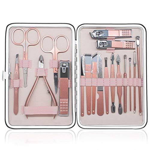 AIPRODA Manicure Set 18 in 1 Grooming Kit Stainless Steel Professional Pedicure Set,Nail Scissors,Nail File,Ear Pick,Tweezers,Nose Hair Scissors,Eyebrow Razor with Black Leather Travel Case(Rose Gold)