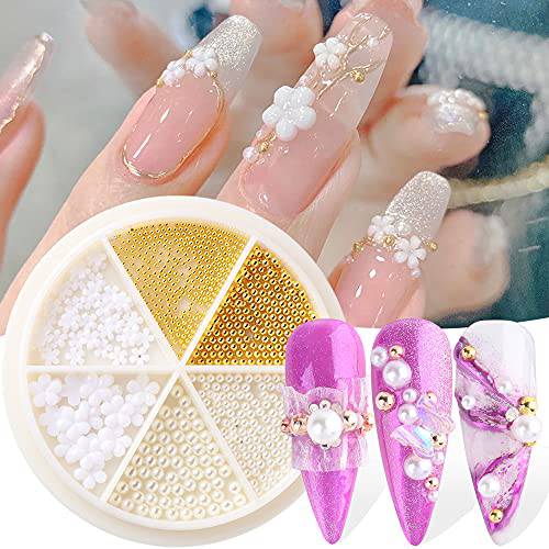 Flower Nail Charms Nail Art Decals 1 Boxes Pearl Glitter Jewelry Nail Decoration Supplies White Flower Pearl Gold Stainless Steel Ball Design Mix Set DIY Acrylic Nail Art Accessories for Women Girls