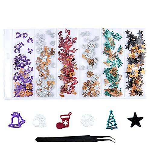 JERCLITY 1 Pack Christmas Nail Glitter Sequins for Nails With Tweezers 6 Grids Colorful Mix Xmas Tree Stocking Snowflake Bell Star Christmas Golden Nail Charms for Women Christmas Nail Art