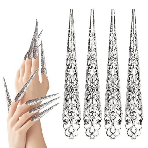 Mwoot 10 Pack Finger Nail Tip Claw Rings, Ancient Queen Costume Fingernail Claw Nail Rings Set, Knuckle Protectors Fingertip Claw for Halloween Cosplay Drama Belly Dance Show - Silver