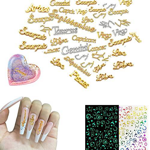 ouy 98PCS Zodiac Charm 3D Word Massage Nail Charms Twelve Constellation Pendant And Nails Art Stickers Alloy Epoxy Resin Flatback Charm For Croc Embellishment Jewelry Making (Gold and Silver)