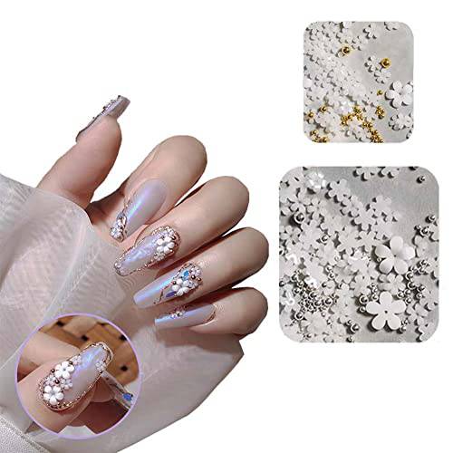 200PCs/Set 3D Nails Charms, White Flower with Silver Beads Nail Art Charm Kit for DIY Acrylic Nail Art Tips Decorations