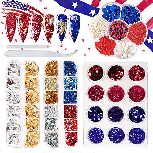 David accessories 4 Boxes Nail Glitter Kit Assorted Nail Rhinestones Polymer Clay Slices Foil Flakes for 4th of July Decoration DIY Makeup Nail Art Slime Resins Crafts Supplies