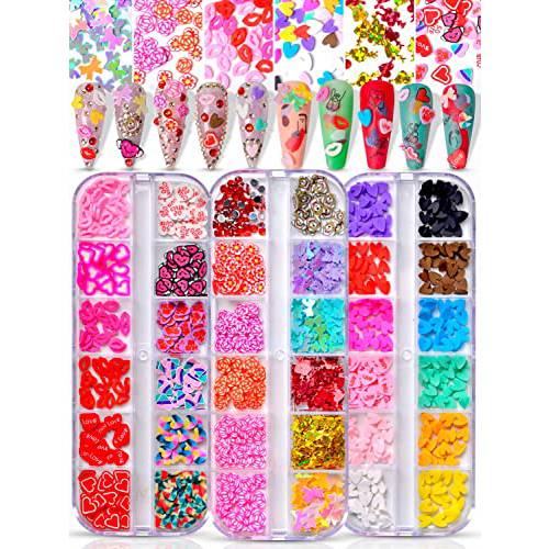 Warmfits Valentine’s Day Nail Art Slice 36 Colors Colorful 3D Polymer Clay Slices Love Heart Nail Sequins Lips Bear Roses Nail Confetti Flake Slices for Valentine’s Day Nail Art DIY Craft Resin Card