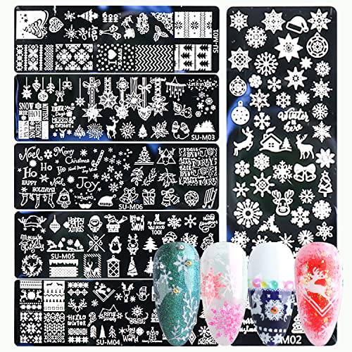 Nail Stamping Plate Christmas, DANNEASY 6 Pieces Nail Stamp Nail Stencils Holiday Snowflake Nail Art Template Nail Supplies Manicure Stamping (Chic Series)