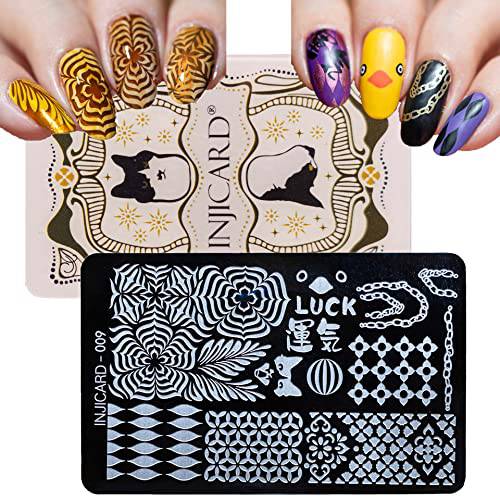 INJICARD Nail Stamping Plate 009 Luck And Pop-art Pattern and 1PVC Scraper Set