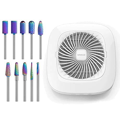 MelodySusie Nail Dust Collector with 10Pcs Professional Tungsten Carbide Nail Drill Bits Set, Powerful Nail Vacuum Fan Dust Collector Acrylic Gel Nails Polishing Remove Manicure Pedicure Tools