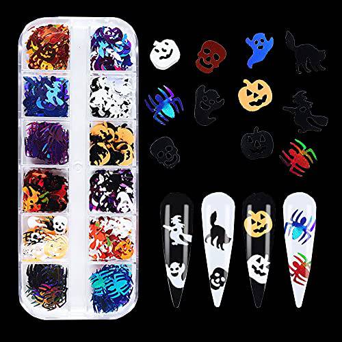 12 Grid Halloween Nail Art Glitter Sequins 3D Holographic Nail Sequins Charm Decorate Pumpkin Ghost Broom Witch Cat Skull Design for Acrylic Nails Design Halloween Party Supplies