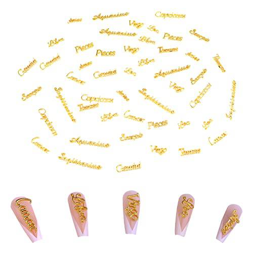 KINBOM 96 Pcs Twelve Constellation Nail Charms, Zodiac Word Message Charm Pendant, Resin Fillers Charms Supplies for Nail Charm Jewelry Making (Gold)