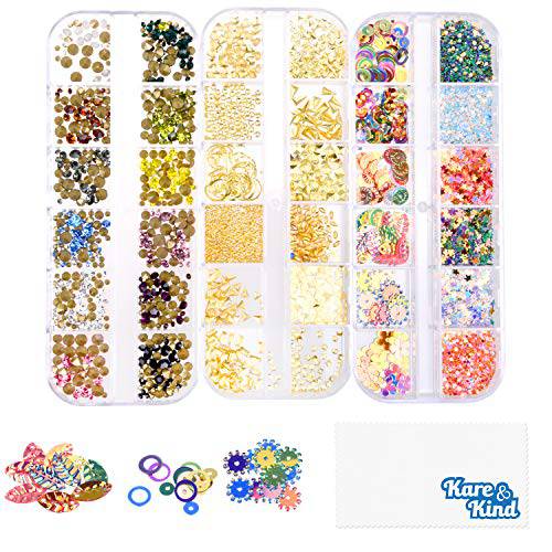 Kare & Kind 3D Nail Art Decoration Kit - Crystals, Gems, Rhinestones, Jewels, Studs - Metallic Gold, Colorful, Shiny Rivets - Nail Art Accessories Decals, DIY, Home, Salon - Popular Designs and Shapes