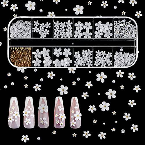 SAVITA 250pcs 12 Styles 3D Acrylic White Flowers For Nails, 3D White Flower Nail Art Charms Nail Charms Flat Nails Accessories for DIY Nail Art Designs Jewelry Making with Golden Small Balls