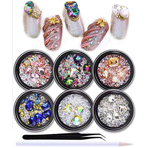 SILPECWEE 6 Boxes Nail Gems 3d Nail Charms and Rhinestones Glass Nail Crystals Rhinestones for Nails Mix-Shape Nail Diamond Nail Decoration with 1Pc Tweezers, Picker Pencil