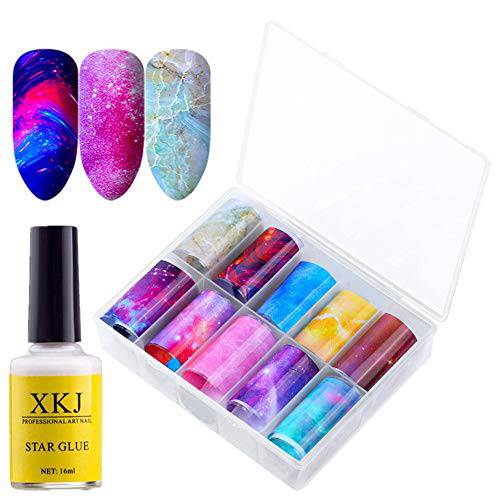 XICHEN 10 Roll/Color Starry Sky Nail Foil Transfer Sticker Colorful Flowers Nail Art Decoration Kit，with 1 Bottle of Professional Star Glue