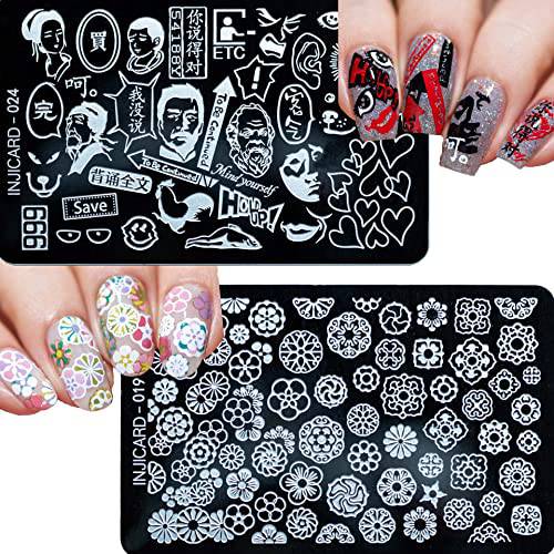 INJICARD Nail Stamping Plate 2 Set(019+024) LUXUN And Emojis Pattern&JAPANESE TEMARI French Stained Glass
