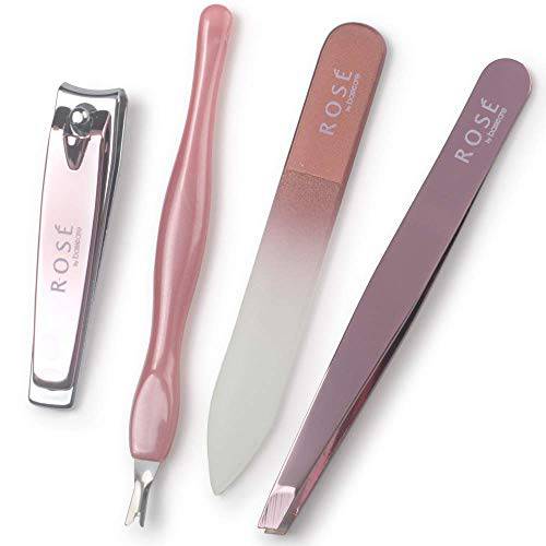 Rosé by Basicare Essential Grooming Kit - Cuticle Trimmer-Glass Nail File-Nail Clipper-Slant Tweezer
