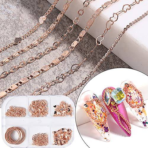 6 Grid Metal Nail Art Chains Decoration Nail Supplies for Women Rose Gold Punk Pendant Nail Ornaments Design 3D Nails Supply Nail Art Chains DIY Design Decorations for Manicure Tips