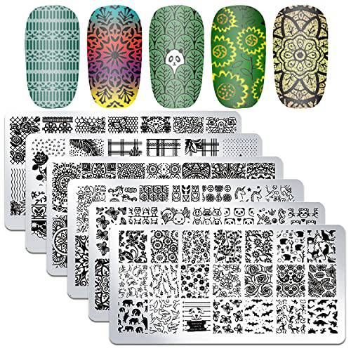 Nail Stamping Plate, DANNEASY 6 Pieces Nail Stamp Nail Stencils Lace Flower Design Nail Art Template Nail Supplies Manicure Stamping (Boho Series)