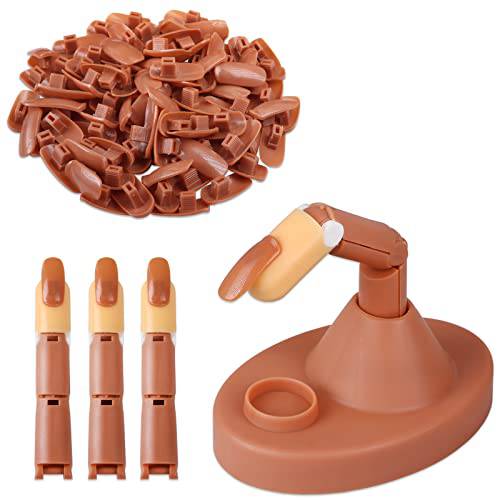 PANA Bendable Joints Training Practice Silicon Finger Kit with Removable Plastic Nail Tips and Replacement Fingers for Beauty Nail Art Manicure Acrylic Professional Salon DIY (Color: Brown Base)