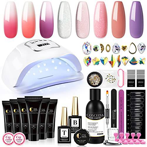 Poly Gel Nail Kit with U V Light 110W 6 Color Changing Glitter Poly Extension Gel, 2 Colors U V Gel Nail Polish Set Professional Nail Art Rhinestone Supplie Mnincure Tools Starter Kit Gift for Women
