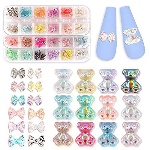 Laza 180pcs Bear Bow Nail Art Decorations 3D Cute Resin Nail Decoration 3 Sizes Crystal Bear 12 colors bow Bead Glitter Jelly Ornament for Nail Art Design Manicure Tips - 3Pack