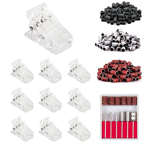 Nail Tips Clip for Quick Building Polygel Plastic Finger Extension Bundle with 300pcs Nail Sanding Bands and Nail Drill Bits for Make-up DIY