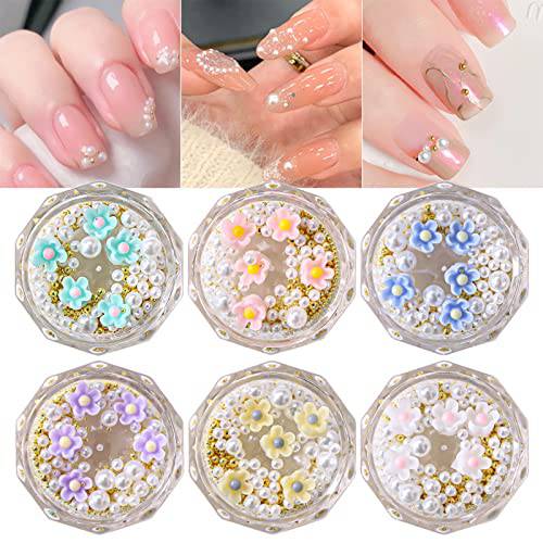 Jiashang 6 boxes flower nail charms,mini caviar steel beads pearls and 3D colorful flowers nail art charm,nail design accessories supplies set,DIY nail art decoration