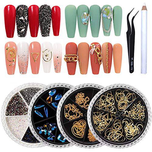 Vanchief 4Pcs 6-Compartment Mixed Turntable Nail Art Decoration Sequined Nail Art Nail Gems Rhinestones,Studs,Butterfly Nail Art DIY Craft Accessories With 1Pcs Tweezers And Picker Pencil (A)