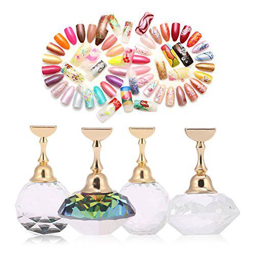 Nail Tips Stand Holder, 4 Types Magnetic Nail Tip Practice Stand Base, Alloy Holder Nail Art Display Stand Salon Nail Art Display Manicure Tool(1 Colorful Spherical Crystal)