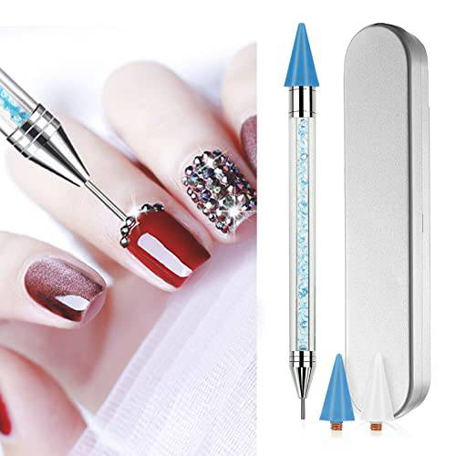 Unaone Nail Rhinestone Picker, Dual-ended DIY Nail Art Dotting Tool, Rhinestone Dotting Pen for Nail Gems Stones Crystals, Nail Art Decoration Tool with 2 Extra Wax Head and a Storage Box, Blue