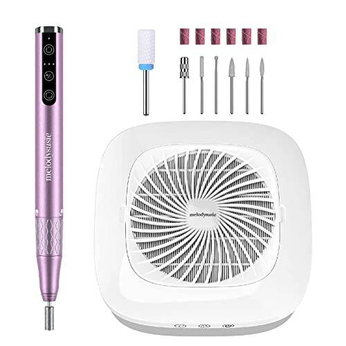 MelodySusie Professional Cordless Nail Drill, Portable Rechargeable Electric Efile Nail Machine File Kit Purple with Nail Dust Collector Powerful Nail Vacuum Fan Vent Dust Collector Ext