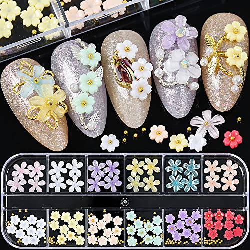 90 Pcs Multicolour Flower Nail Charm Supplies Golden beads Nail Glitter Decals Colorful Mixed Design Nail Decoration DIY Jewel Salon Acrylic Stud Accessories for Women