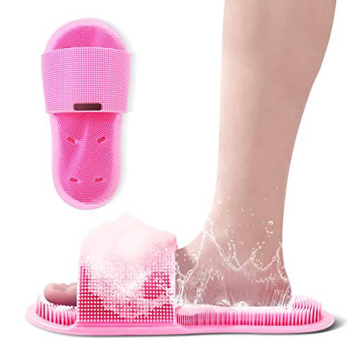 MOWOT Shower Foot Scrubber Feet Cleaner Washer Easy Feet Personal Foot Scrubber for Shower Floor Feet Cleaning Brush Slipper with Suction Cups Smooth Exfoliate & Massage - 1pcs Pink