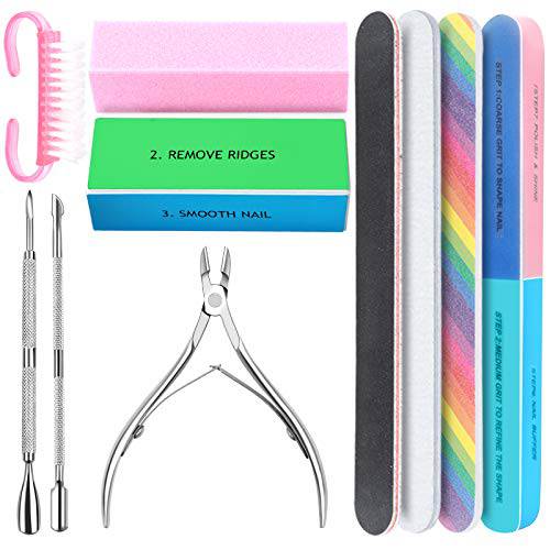Nail File Kit, 4Pcs Double Sided Nail File and Rectangle Buffer, 7 Way Buffer Block, 4 Steps Nail Files Block, Nail Brush, with 3Pcs Cuticle Clipper& Pusher, for Dead Skin Nail Trimming Manicure Tools