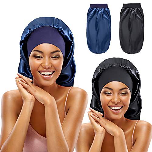 LIIBOT Long Silk-Satin Bonnet for Women - 2 PCS Large Night Cap for Curly Dreadlock Braid Hair (Black & Blue)