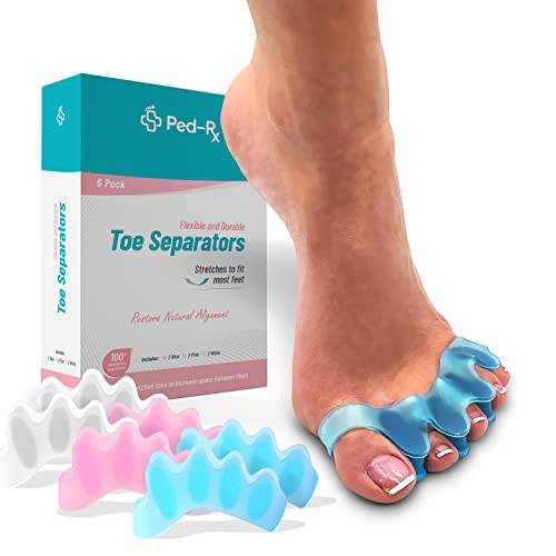 [3 pairs] Ped-Rx Toe Separators - Toe Stretchers - to Straighten Overlapping Toes, Crooked Toes, Hammer Toe, Correct Bunions, Restore Natural Alignment - Universal Size - 6 Pieces (Blue/Pink/White)