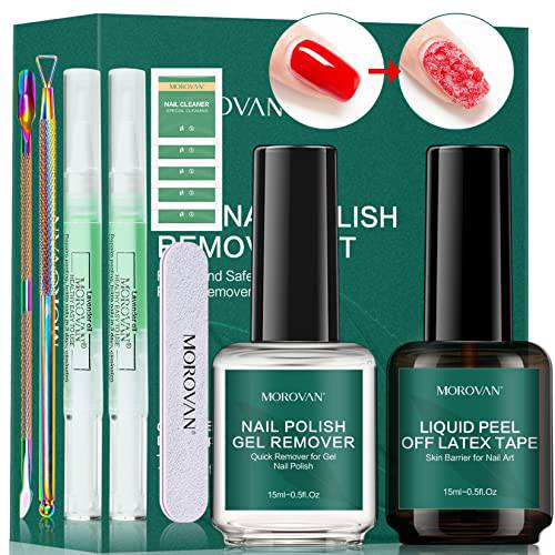 Morovan Nail Remover Gel Polish Remover Kit - Nail Polish Remover Set with Everything Latex Tape Peel Off Liquid with Cuticle Pusher Peeler Cuticle Oil Nail File Cleaner Quick Remove Soak-off UV Gel Glitter Color Paints