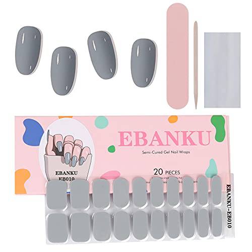 EBANKU Semi Cured Gel Nail Polish Strips, Gray Gel Polish Nail Stickers, Real Nail Polish Strip Wraps for Women (UV/LED Lamp Required)