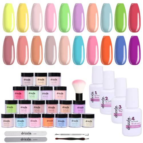 Drizzle Beauty Dip Nail Powder, Yellow Pink Brown Spring 20 Colors Dip Powder Starter Kit with Base/Top Coat for French Nail DIY Salon