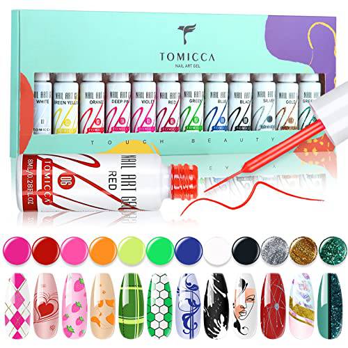 TOMICCA Gel Liner Nail Art Set - 12 Colors Neon Gel Nail Polish, Gel Paint for Nails Art Line Drawing, Glitter Gel Art Paint Built in Thin Nail Brush for Nail Design Curing Required