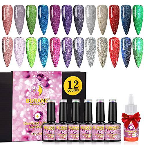 BURANO Reflective Glitter Gel Polish, 12 Colors Holographic Nail Polish Glitter Gel Nails, Soak Off UV Gel Nail Kit with Cuticle Oil Gift UV Lamp Required
