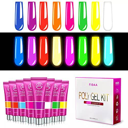 FIGAA Poly Nails Gel Set, Glow in the Dark Nail Extension Nail Kit 8 colors Neon Builder Nail Gel Nail Enhancement Manicure Set for Nail Art Starter Kit, Gifts for Women