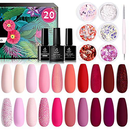 Beetles 20Pcs Gel Nail Polish Kit Valentine’s Day Gift, with Top Coat and Base Gel - Pink Generation Girly Colors with 6 Glitters, Popular Nude Pink Red Nail Art Solid Shimmer Glitters Colors Mother’s Day Gifts for Women