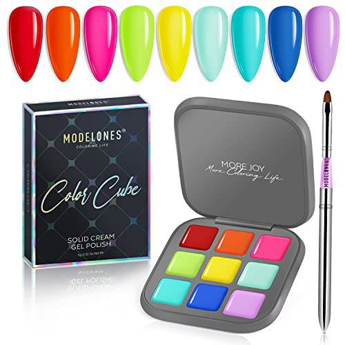 modelones Gel Nail Polish Set, 9 Colors Bright Neon Solid Gel Polish Pudding Gel 2022 Upgraded Crème Manicure Palette Soak Off LED Nail Art Kit Salon DIY Home Gift for Women, with Pro Nail Brush