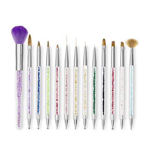 SHAREALL Nail Art Brushes 13PCS with Acrylic Nail Brush Nail Art Liner Brushes Extension Gel Nail Brush 3D Nail Art Brush Nail Dotting Pen Double-ended Nail Art Design Painting Tools Set for Manicure