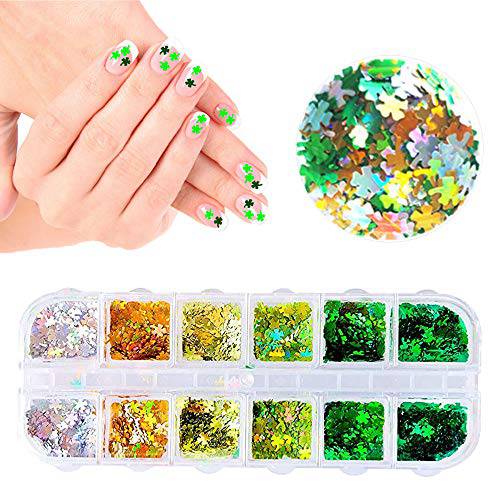 Shamrocks Nail Art Sticker Decals St. Patrick’s Day Nail Glitter Supplies Holographic Laser Clover Nail Sequin Flakes Designer Acrylic Nail Accessory for Women DIY Decoration