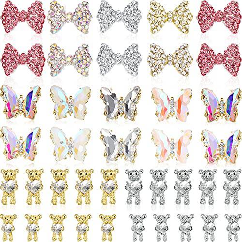 60 Pieces Nail Charms Set Include 40 Pieces 3D Cute Bear Nail Charms 10 Pieces 3D Butterfly Nail Charms Metal Glitter 10 Pieces 3D Bows Nail Art Charms for Nail Art DIY Crafts Manicure Tips Decoration